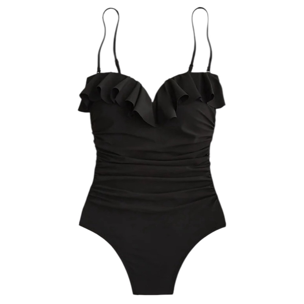 NWT J. Crew Matte Ruched One Piece Swimsuit with Ruffles in Black Size 8
